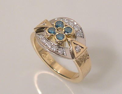 18K Gold Ring with Blue & White diamonds